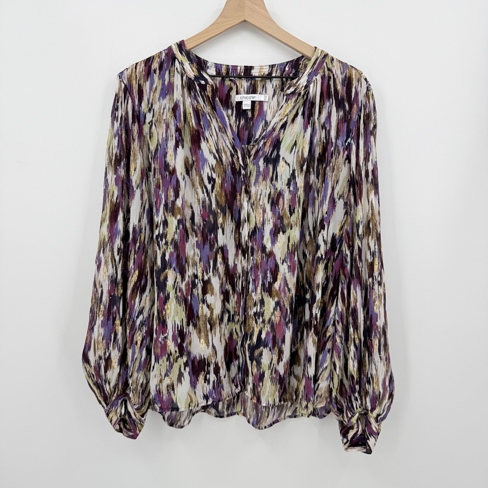 Chicos Blouse Abstract Ikat Metallic Gold Purple Boho XL Elevated Casual Artsy